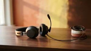 Ein dunkles Headset mit Mikrofon liegt neben einer Tastatur auf dem Schreibtisch.