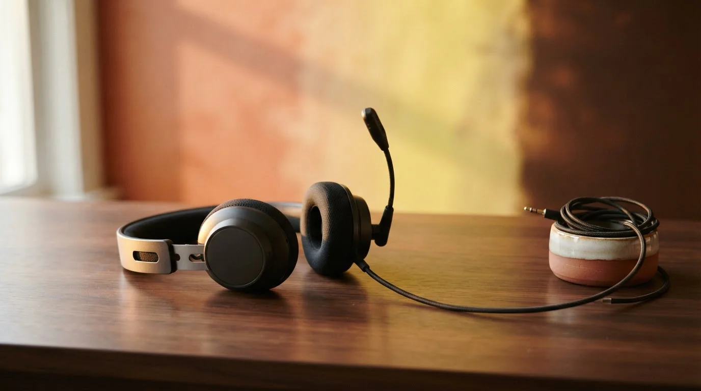 Ein dunkles Headset mit Mikrofon liegt neben einer Tastatur auf dem Schreibtisch.