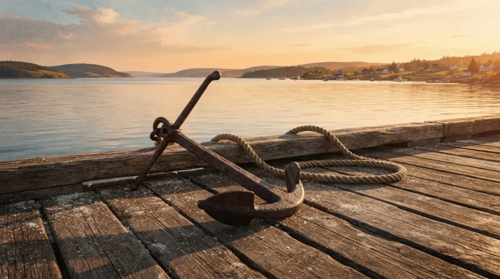 Ein schwerer Schiffsanker liegt auf den Holzplanken eines ruhigen Kais am Meer.