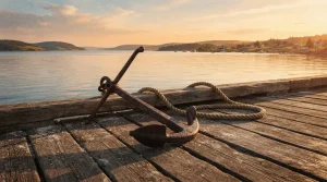 Ein schwerer Schiffsanker liegt auf den Holzplanken eines ruhigen Kais am Meer.